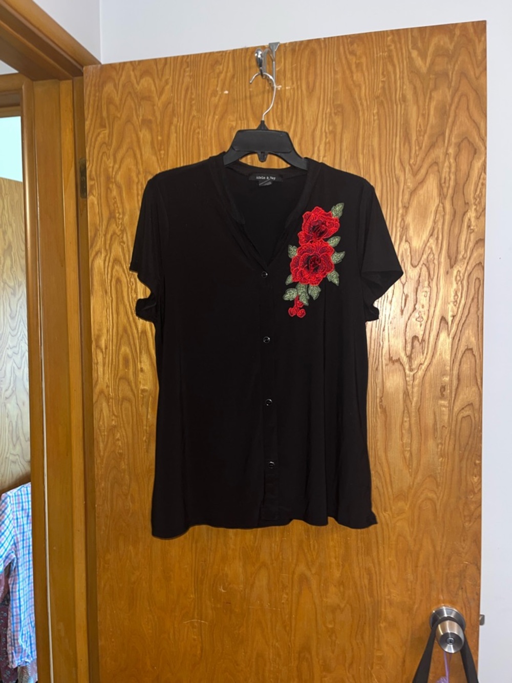 Black Button-Front Women’s Top with Red Rose Embroidery by Allegra K